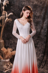 Homecomming Dresses Floral, A Line V-Neck Long Sleeve Ombre Silk Like Satin Sweep Train Prom Dresses