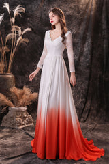 Homecoming Dresses Floral, A Line V-Neck Long Sleeve Ombre Silk Like Satin Sweep Train Prom Dresses