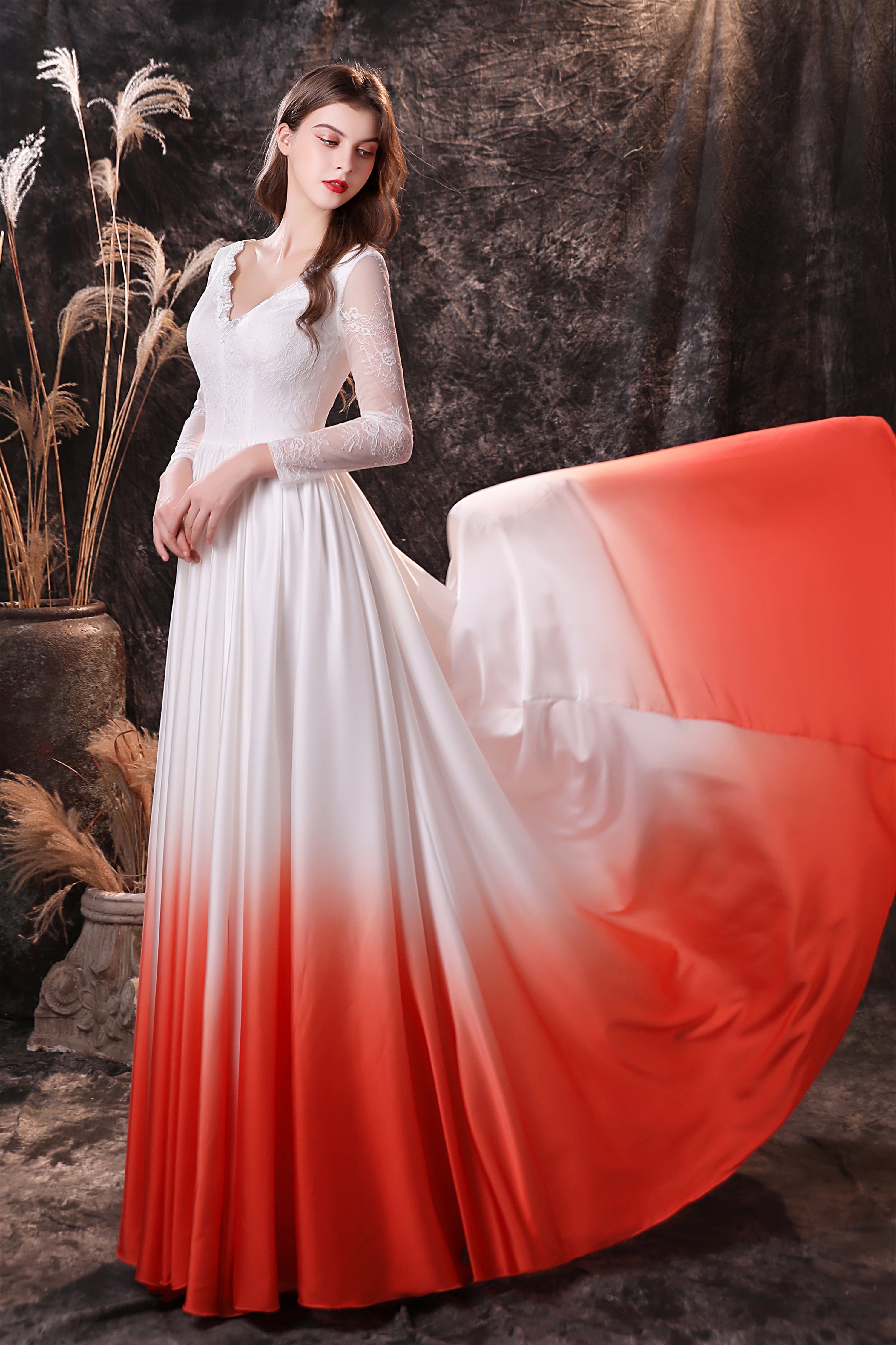 Festival Outfit, A Line V-Neck Long Sleeve Ombre Silk Like Satin Sweep Train Prom Dresses