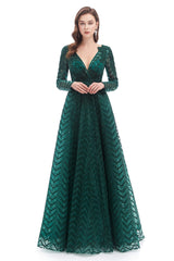 Party Dresses Websites, A-Line V Neck Long Sleeves Lace Long Prom Dresses