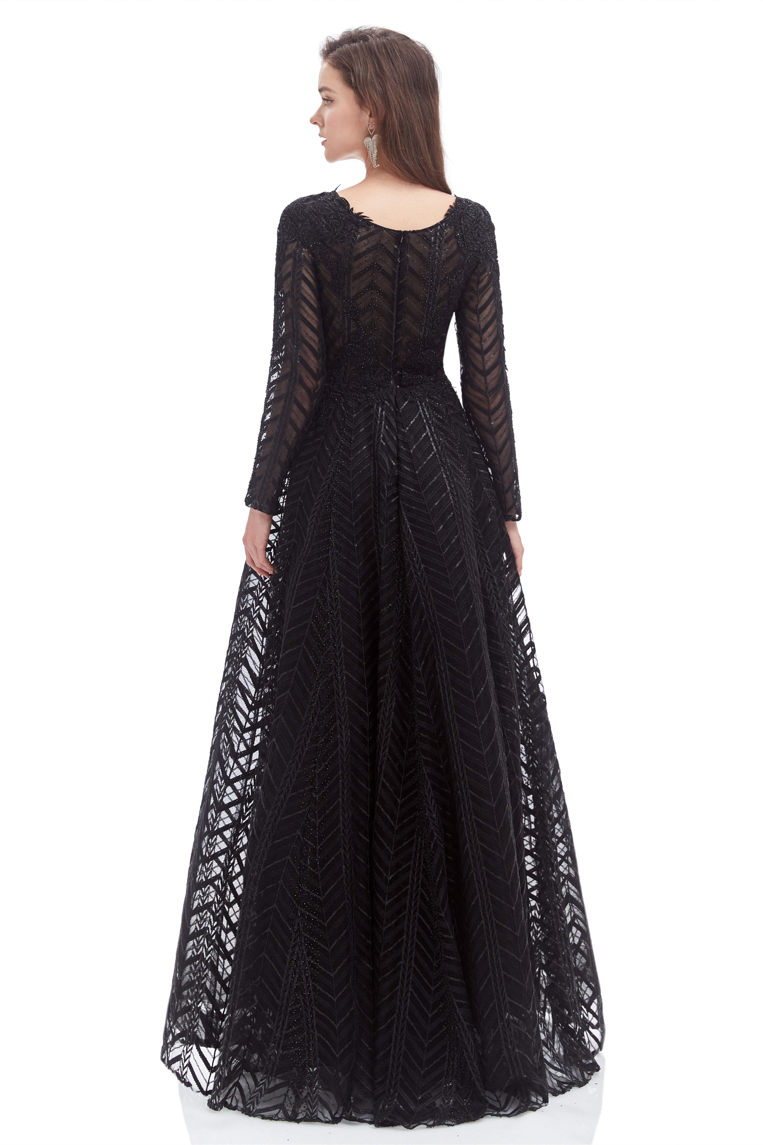 Party Dress Dress Code, A-Line V Neck Long Sleeves Lace Long Prom Dresses