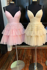 Classy Prom Dress, A-Line V-Neck Multi-Tiered Short Party Dress,Light Pink Cocktail Dresses Short