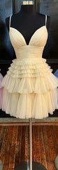 Short Dress, A-Line V-Neck Multi-Tiered Short Party Dress,Light Pink Cocktail Dresses Short