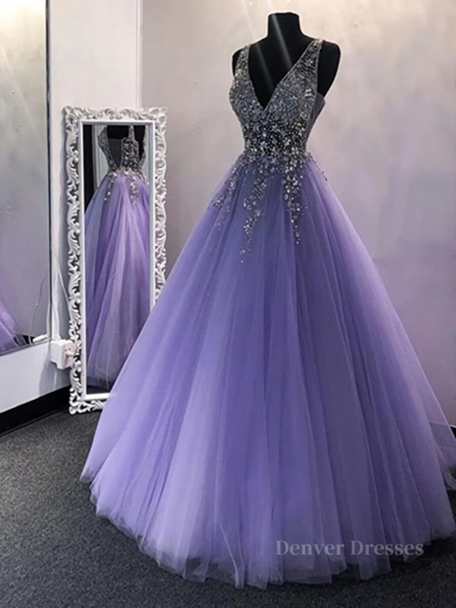 Prom Dress Pink, A Line V Neck Purple Beaded Long Prom Dresses, Lilac Long Formal Evening Dresses with Beadings
