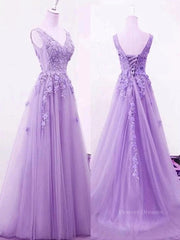 Bridesmaid Dress Navy Blue, A Line V Neck Purple Lace Prom Dresses, Purple Lace Long Formal Bridesmaid Dresses