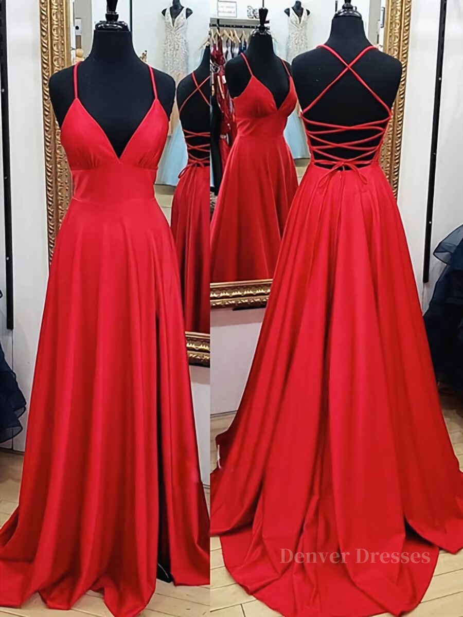 Silk Dress, A Line V Neck Red Backless Long Prom Dresses, Red A Line V Neck Open Back Formal Evening Dresses