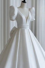 Wedding Dress Wedding Dresses, A-Line V-Neck Satin Wedding Dress, White Short Sleeve Bridal Gown with Bow
