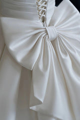 Wedding Dress Elegant, A-Line V-Neck Satin Wedding Dress, White Short Sleeve Bridal Gown with Bow