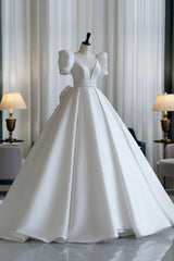 Wedding Dresses 2022, A-Line V-Neck Satin Wedding Dress, White Short Sleeve Bridal Gown with Bow