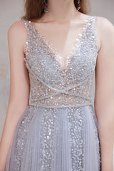 Formal Dress Store, A Line V-neck Shiny Sequin Beaded Prom Dresses