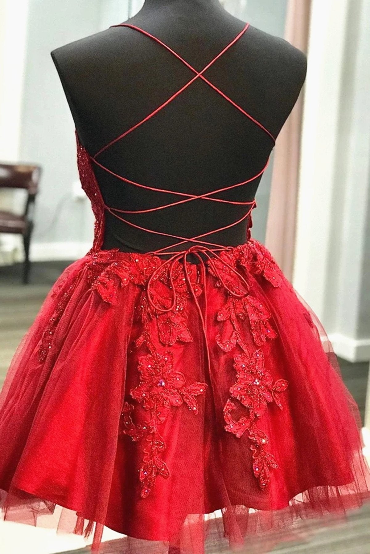Party Dress Shops Near Me, A Line V Neck Short Backless Red Lace Prom Dresses, Short Red Backless Lace Formal Homecoming Dresses