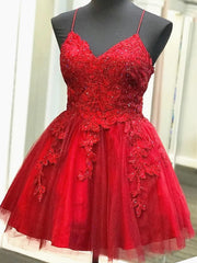 Party Dress Formal, A Line V Neck Short Backless Red Lace Prom Dresses, Short Red Backless Lace Formal Homecoming Dresses