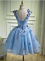 Evening Dresses Stores, A Line V Neck Short Blue Prom Dresses with Butterfly, Short Blue Formal Homecoming Dresses