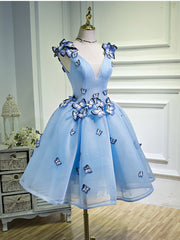 Evening Dress Shops Near Me, A Line V Neck Short Blue Prom Dresses with Butterfly, Short Blue Formal Homecoming Dresses