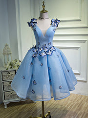 Evening Dress Stores, A Line V Neck Short Blue Prom Dresses with Butterfly, Short Blue Formal Homecoming Dresses