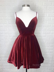 Prom Dress Shiny, A Line V Neck Short Burgundy Prom Dresses, Short Wine Red Formal Homecoming Dresses