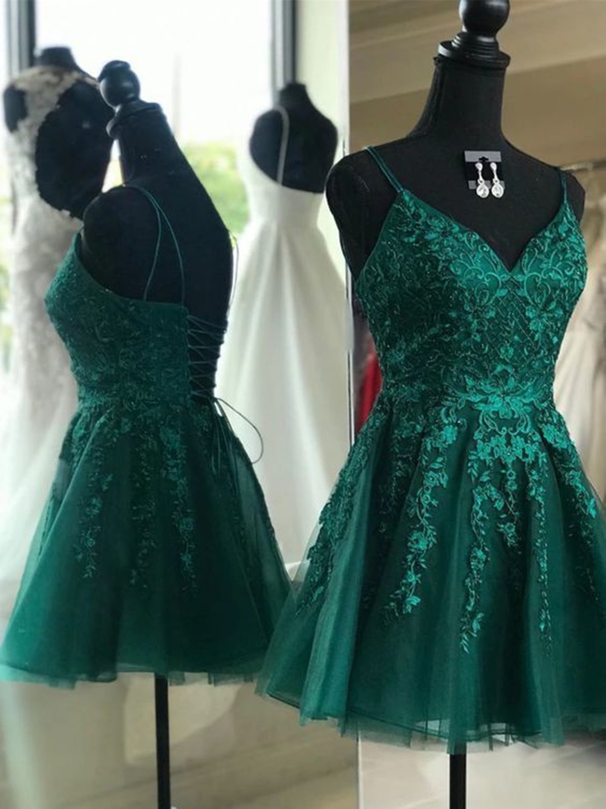 Party Dress 2027, A Line V Neck Short Dark Green Lace Prom Dresses, Dark Green Lace Formal Homecoming Dresses