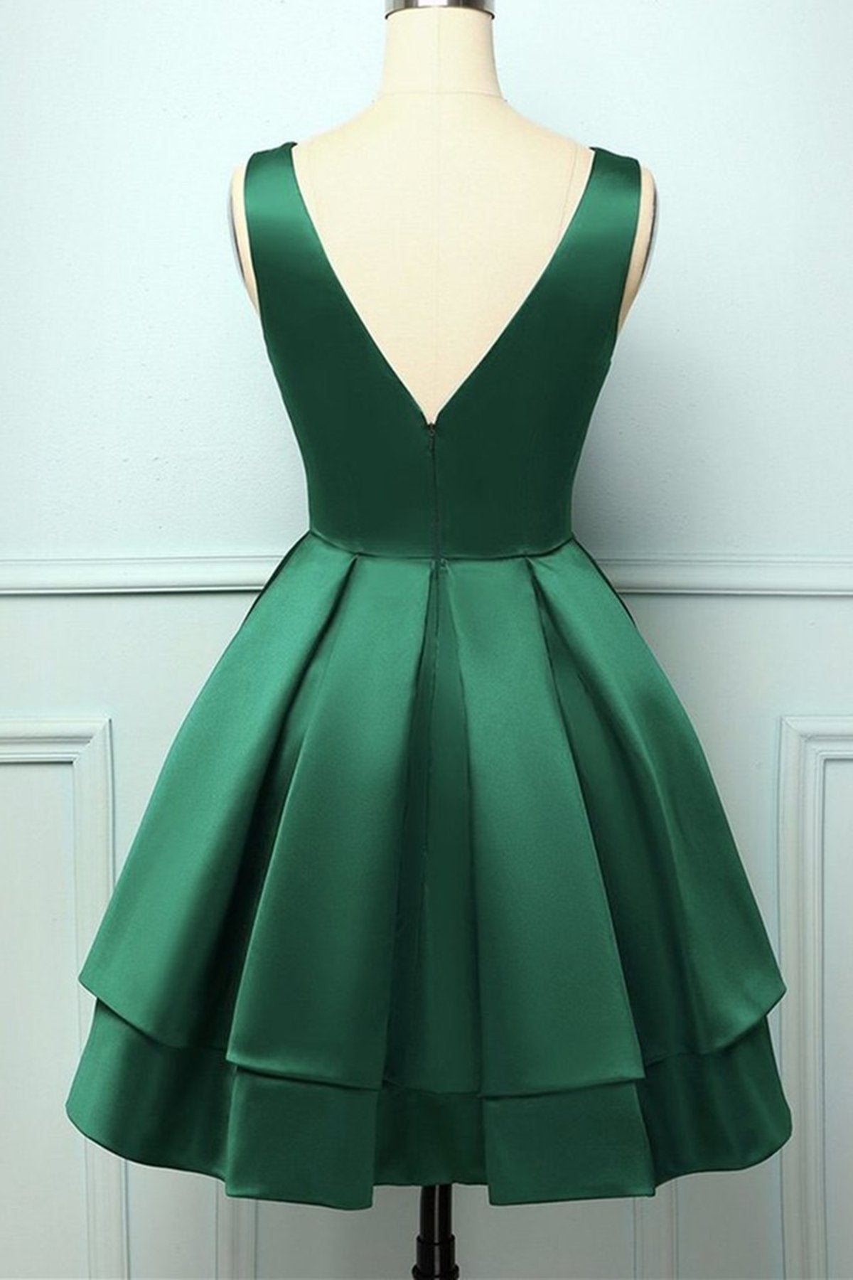 Party Dress And Style, A Line V Neck Short Green Satin Prom Dresses, Short Green Satin Homecoming Graduation Dresses