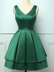Party Dress Express, A Line V Neck Short Green Satin Prom Dresses, Short Green Satin Homecoming Graduation Dresses