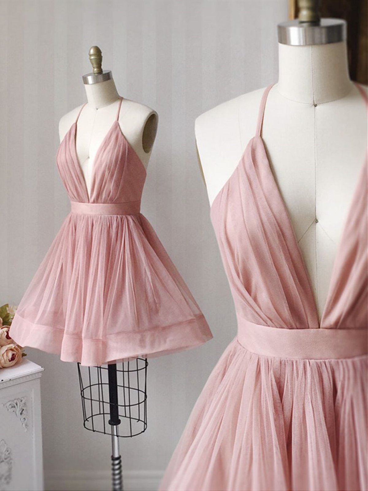 Party Dresses For Teen, A Line V Neck Short Pink Tulle Prom Dresses, Short Pink Tulle Formal Homecoming Dresses