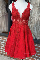 Bachelorette Party Outfit, A Line V Neck Short Red Lace Prom Dress, Red Lace Formal Graduation Homecoming Dress