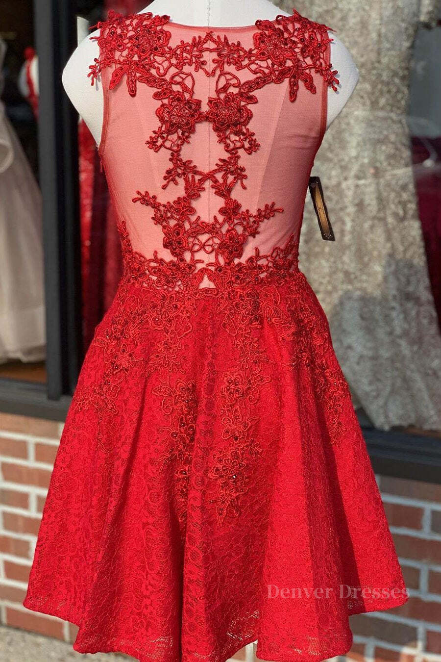 Bride Dress, A Line V Neck Short Red Lace Prom Dress, Red Lace Formal Graduation Homecoming Dress