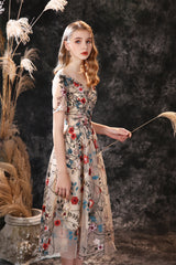 Beauty Dress Design, A Line V-Neck Short Sleeve Embroidery Tulle Tea Length Short Homecoming Dresses