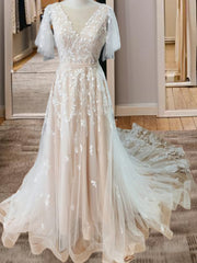 Wedding Dress Under 1001, A-line V-neck Short Sleeves Appliques Lace Sweep Train Tulle Wedding Dress