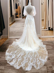 Wedding Dress Sexy, A-line V-neck Short Sleeves Appliques Lace Sweep Train Tulle Wedding Dress