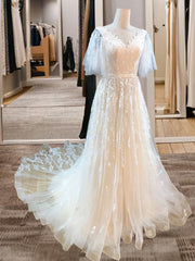Wedding Dresses On A Budget, A-line V-neck Short Sleeves Appliques Lace Sweep Train Tulle Wedding Dress