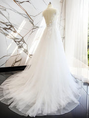 Weddings Dress Near Me, A-line V-neck Short Sleeves Hand-Made Flower Court Train Tulle Wedding Dress