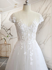 Wedding Dresses Near Me, A-line V-neck Short Sleeves Hand-Made Flower Court Train Tulle Wedding Dress