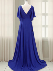 Party Dresses Indian, A-line V-neck Short Sleeves Pleated Sweep Train Chiffon Mother of the Bride Dress