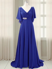 Party Dress Clubwear, A-line V-neck Short Sleeves Pleated Sweep Train Chiffon Mother of the Bride Dress