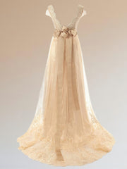 Wedding Dress For Bride And Groom, A-line V-neck Short Sleeves Sash/Ribbon/Belt Sweep Train Tulle Wedding Dress