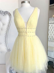 Bridesmaid Dresses Summer, A Line V Neck Short Yellow Prom Dresses, Short V Neck Yellow Formal Homecoming Dresses