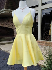Prom Dresses 2019, A Line V Neck Short Yellow Prom Dresses, Short Yellow V Neck Graduation Homecoming Dresses