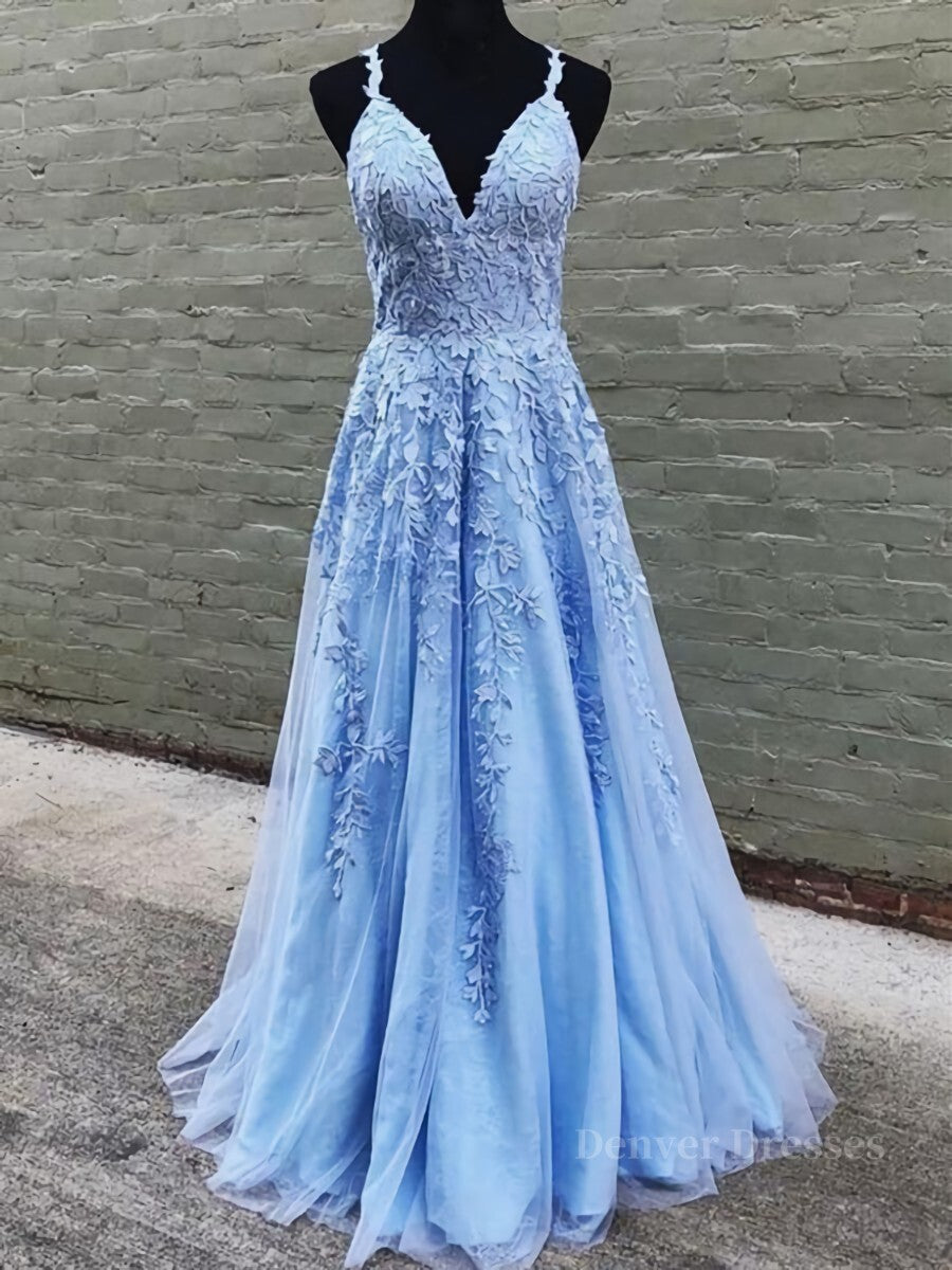 Prom Dress Long Elegent, A Line V Neck Sky Blue Lace Prom Dresses, Light Blue Lace Formal Evening Dresses