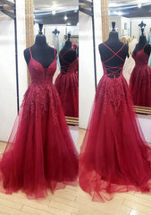 Formal Dresses Pink, A-line V Neck Sleeveless Chapel Train Tulle Prom Dress With Appliqued Lace
