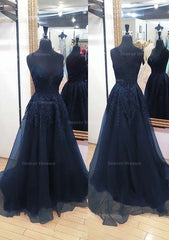 Formal Dresses Elegant Classy, A-line V Neck Sleeveless Chapel Train Tulle Prom Dress With Appliqued Lace