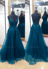 Formal Dress Elegant Classy, A-line V Neck Sleeveless Chapel Train Tulle Prom Dress With Appliqued Lace