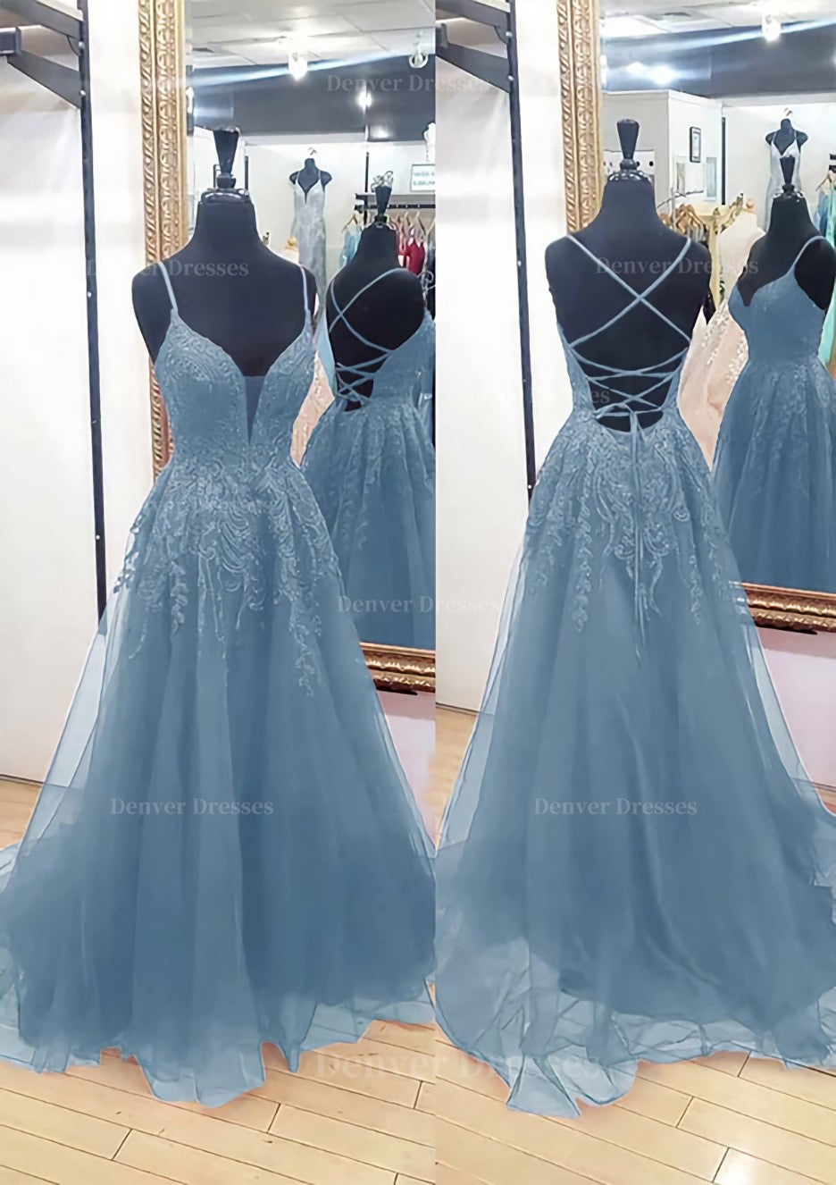 Formal Dress Short, A-line V Neck Sleeveless Chapel Train Tulle Prom Dress With Appliqued Lace