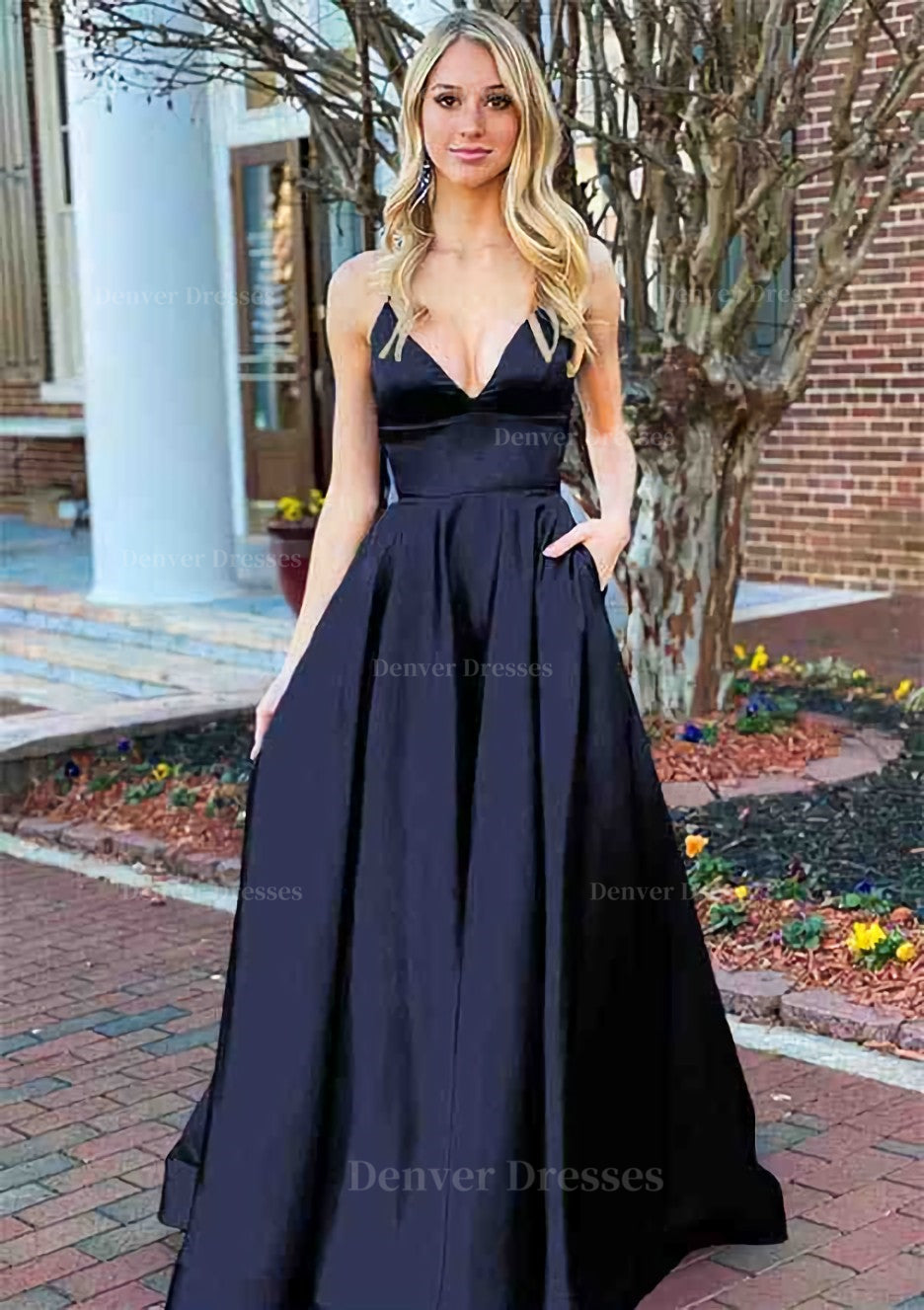 Bridal Shoes, A-line V Neck Sleeveless Charmeuse Long/Floor-Length Prom Dress With Pockets