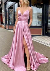 Grad Dress, A-line V Neck Sleeveless Charmeuse Sweep Train Prom Dress With Pockets