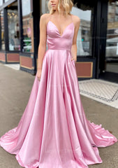 Bridesmaid Dresses Formal, A-line V Neck Sleeveless Charmeuse Sweep Train Prom Dress With Pockets