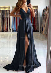 Evening Gown, A-line V Neck Sleeveless Charmeuse Sweep Train Prom Dress With Split
