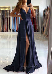 Black Bridesmaid Dress, A-line V Neck Sleeveless Charmeuse Sweep Train Prom Dress With Split