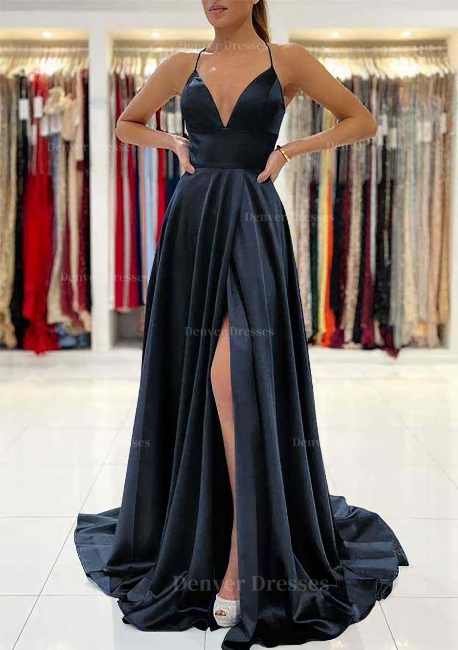Prom Dresses 2044, A-line V Neck Sleeveless Charmeuse Sweep Train Prom Dress With Split