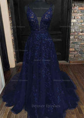 Formal Dresses, A-line V Neck Sleeveless Lace Court Train Prom Dress With Pleated