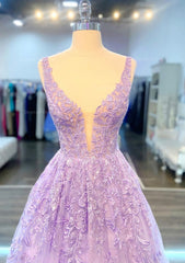 Evening Dresses Stores, A-line V Neck Sleeveless Long/Floor-Length Lace Prom Dress With Beading